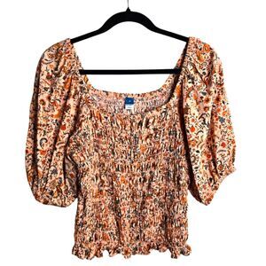 Old Navy Cottagecore Puff Sleeve Smocked Blouse Fitted Cropped Ruffle Hem Size M
